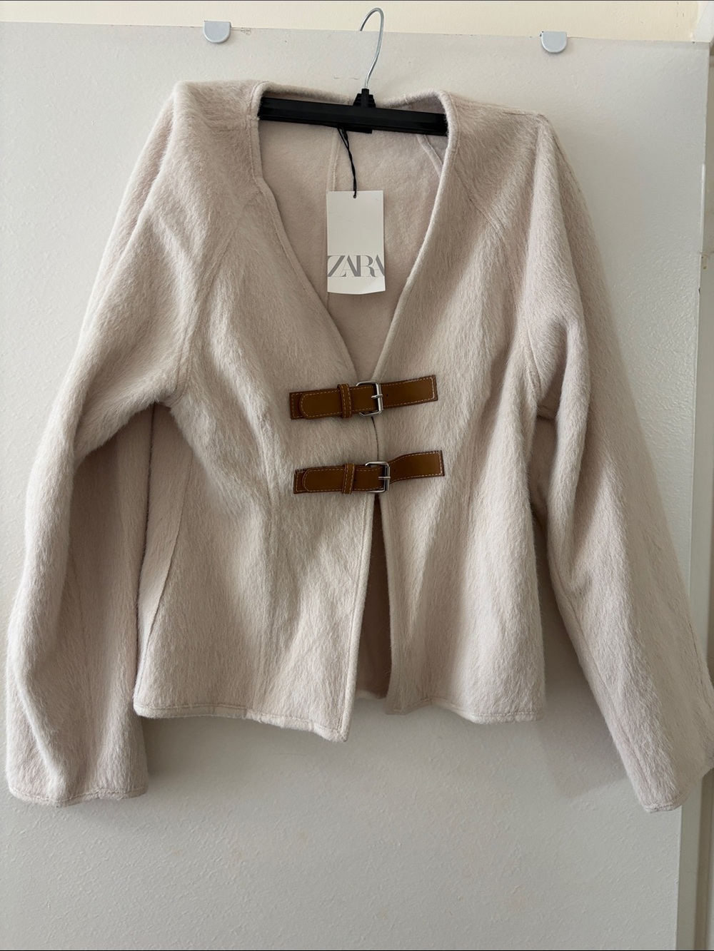 Zara Cream Pea Coat with Brown Buckle Straps